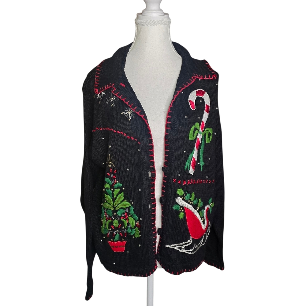 Ship N Shore Sport Vtg Sweater Womens XL Black Cardigan Ramie Christmas Beaded
